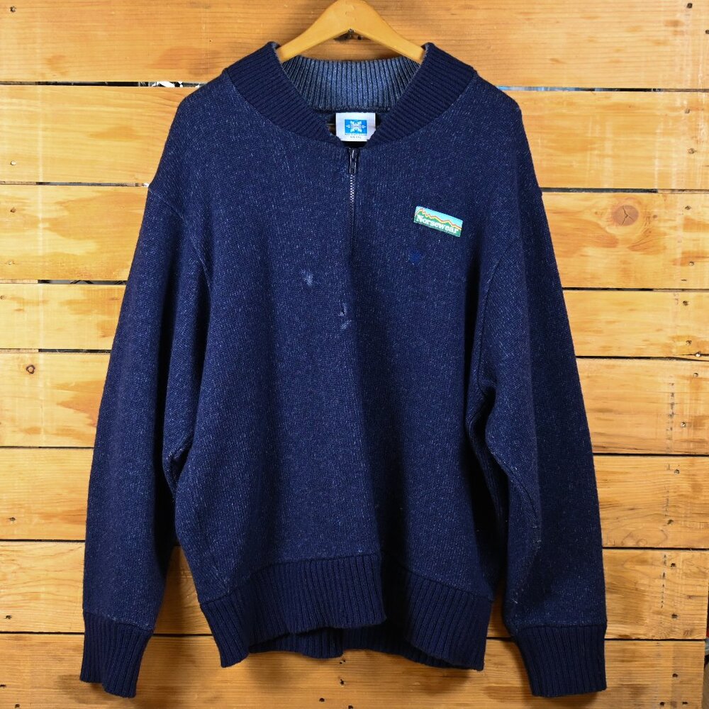Vintage Distressed Norsewear Wool Blend Quarter Zip Knit Sweater in Navy - XXL